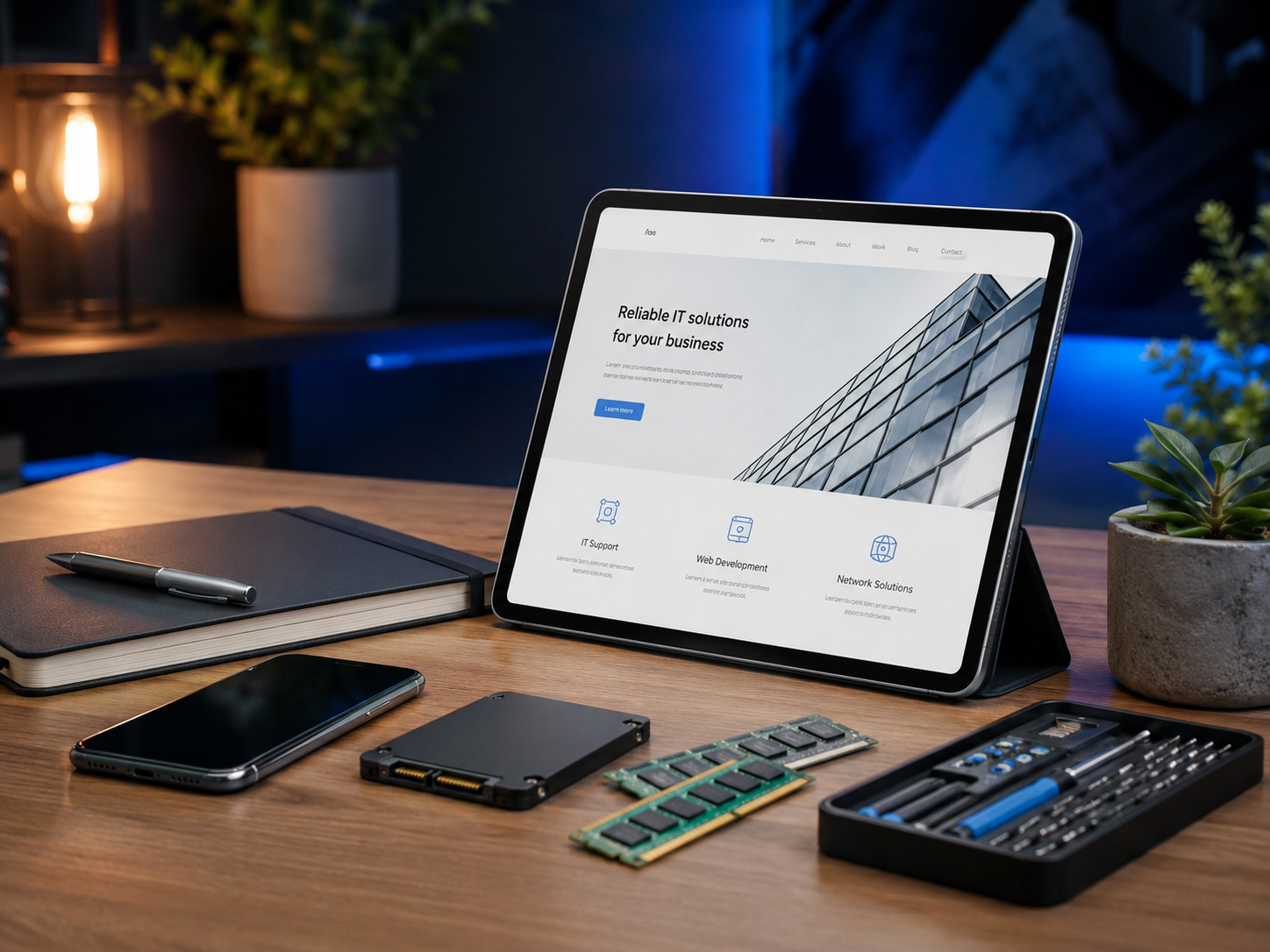 Nowoczesne stanowisko technologiczne z tabletem, akcesoriami i elementami serwisu komputerowego